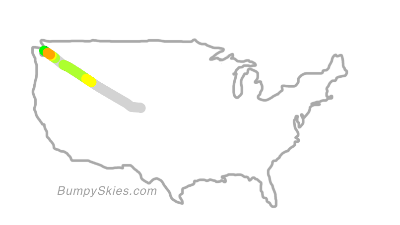 Map of continental US with illustrated flight path and turbulence forecast (described in text below)