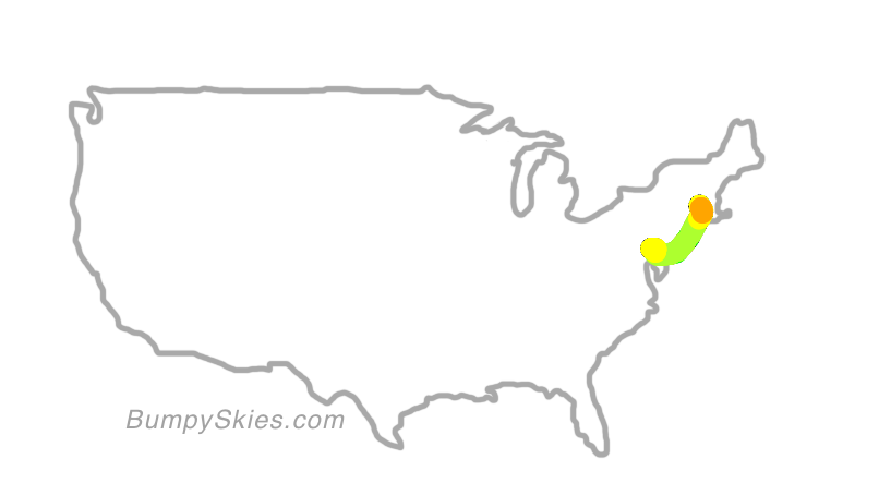 Map of continental US with illustrated flight path and turbulence forecast (described in text below)