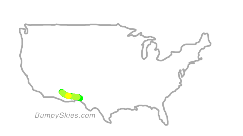 Map of continental US with illustrated flight path and turbulence forecast (described in text below)