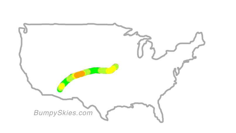 Map of continental US with illustrated flight path and turbulence forecast (described in text below)