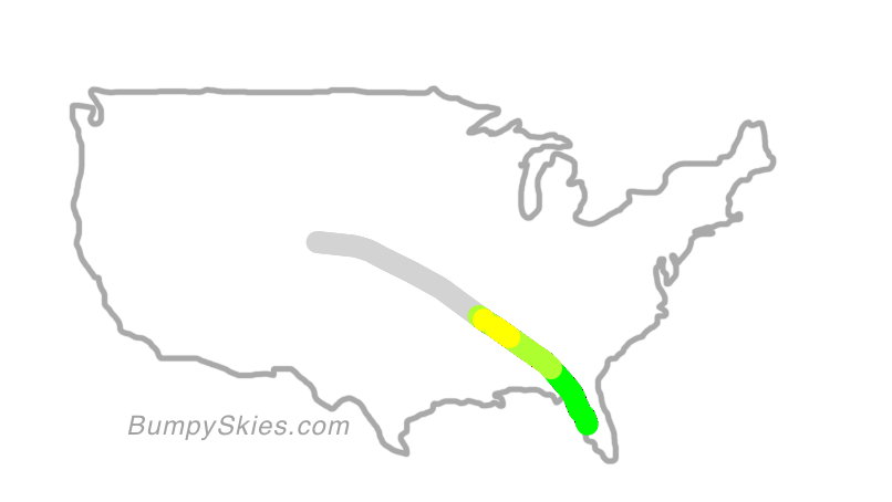 Map of continental US with illustrated flight path and turbulence forecast (described in text below)