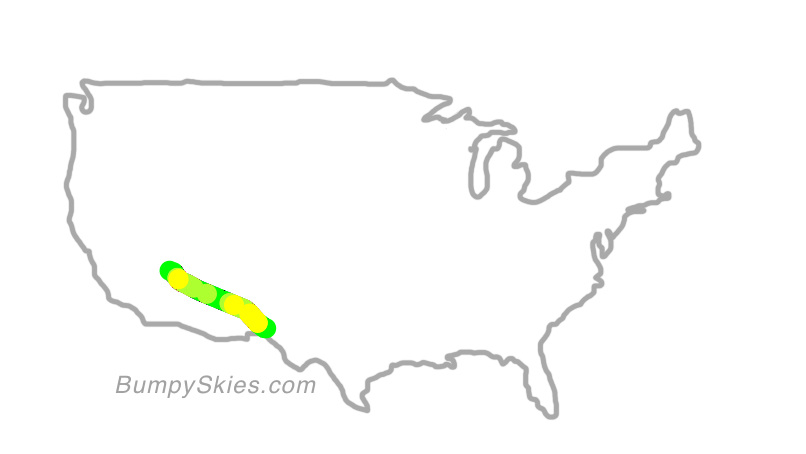 Map of continental US with illustrated flight path and turbulence forecast (described in text below)