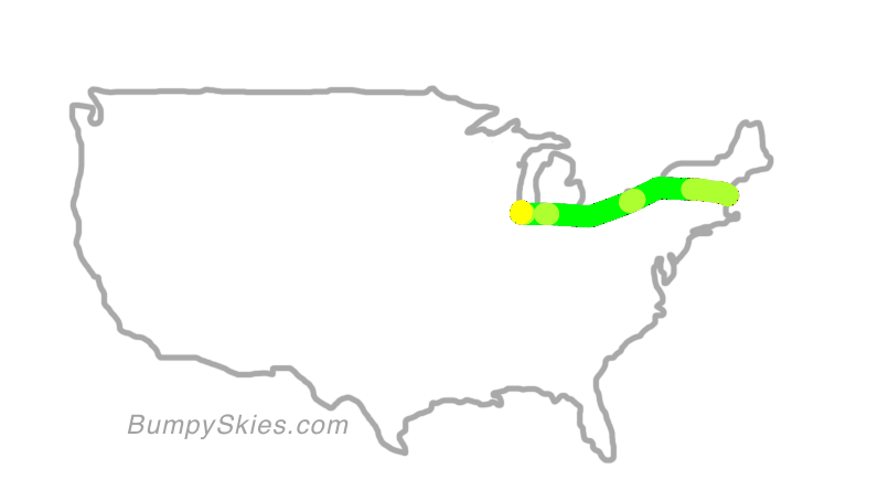 Map of continental US with illustrated flight path and turbulence forecast (described in text below)
