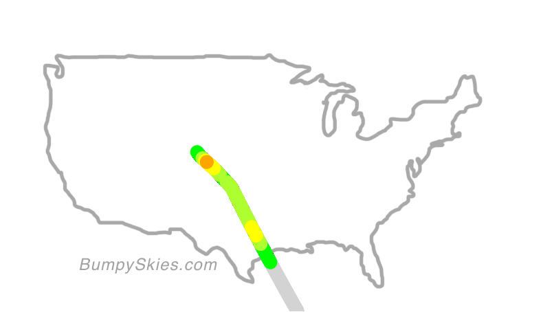 Map of continental US with illustrated flight path and turbulence forecast (described in text below)