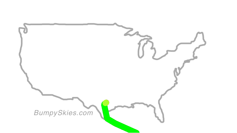 Map of continental US with illustrated flight path and turbulence forecast (described in text below)