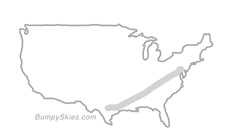 Map of continental US with illustrated flight path and turbulence forecast (described in text below)