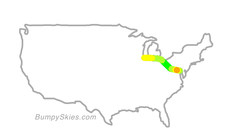 Map of continental US with illustrated flight path and turbulence forecast (described in text below)