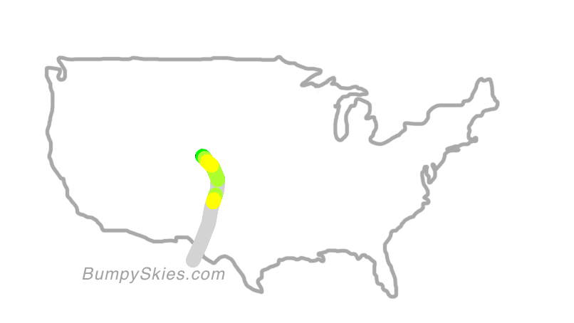 Map of continental US with illustrated flight path and turbulence forecast (described in text below)