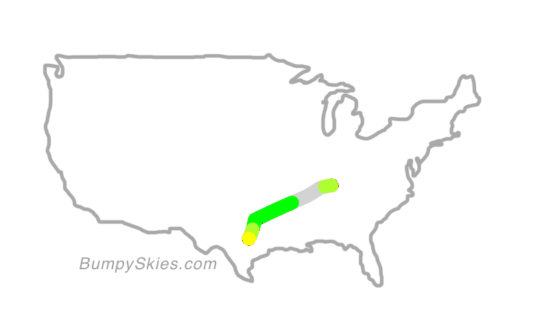 Map of continental US with illustrated flight path and turbulence forecast (described in text below)