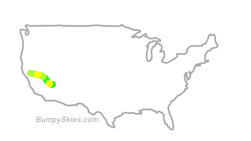 Map of continental US with illustrated flight path and turbulence forecast (described in text below)