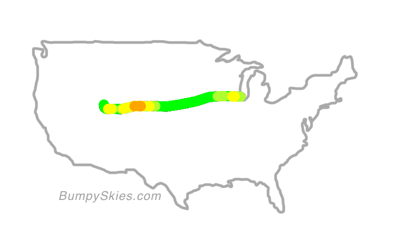 Map of continental US with illustrated flight path and turbulence forecast (described in text below)