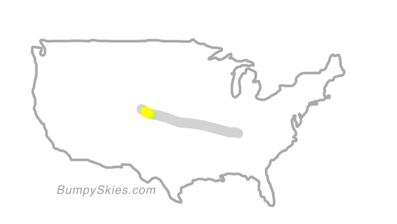 Map of continental US with illustrated flight path and turbulence forecast (described in text below)