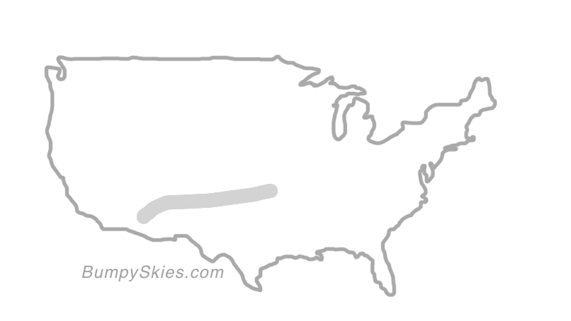 Map of continental US with illustrated flight path and turbulence forecast (described in text below)