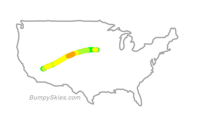 Map of continental US with illustrated flight path and turbulence forecast (described in text below)