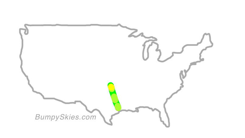 Map of continental US with illustrated flight path and turbulence forecast (described in text below)