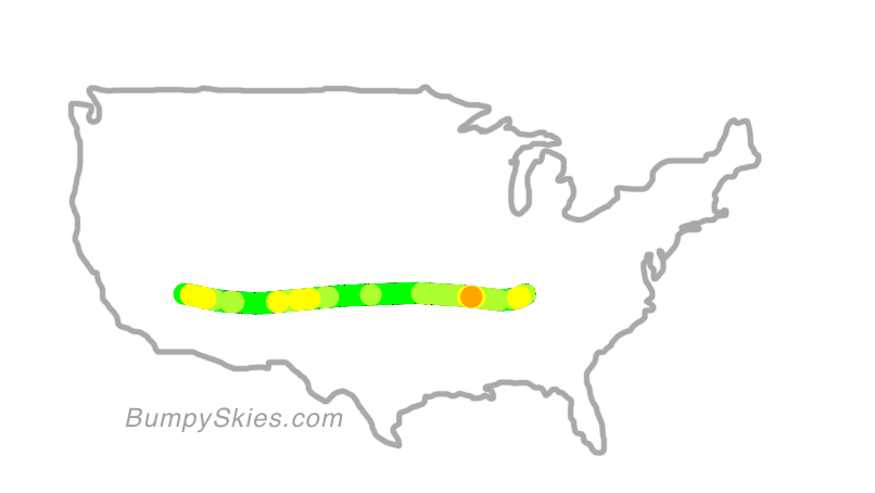 Map of continental US with illustrated flight path and turbulence forecast (described in text below)