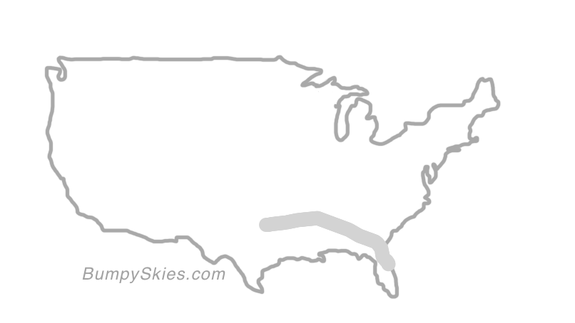 Map of continental US with illustrated flight path and turbulence forecast (described in text below)