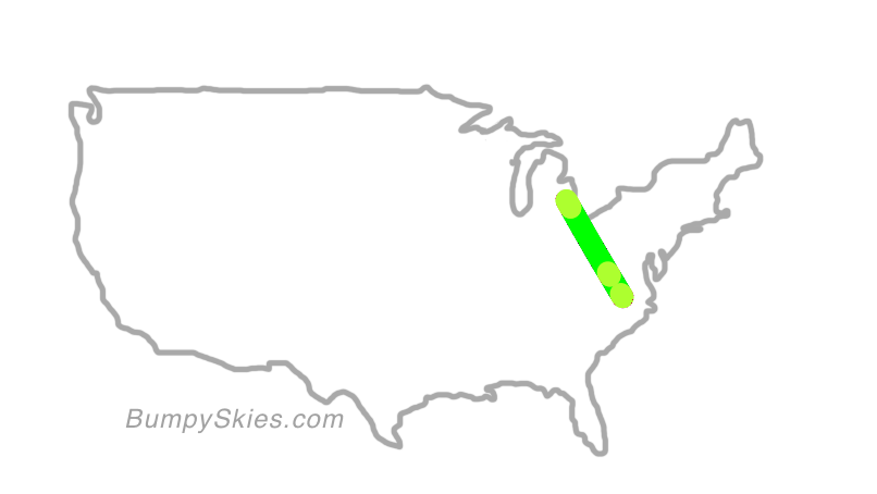 Map of continental US with illustrated flight path and turbulence forecast (described in text below)