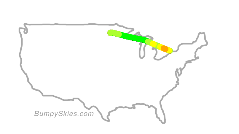 Map of continental US with illustrated flight path and turbulence forecast (described in text below)
