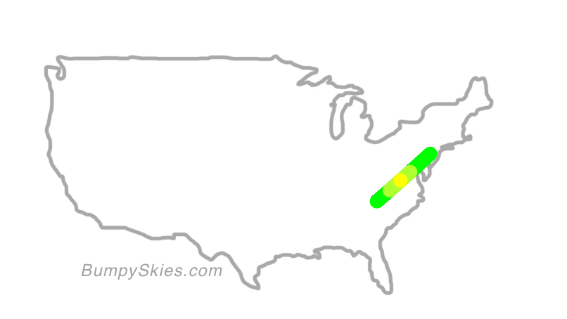 Map of continental US with illustrated flight path and turbulence forecast (described in text below)