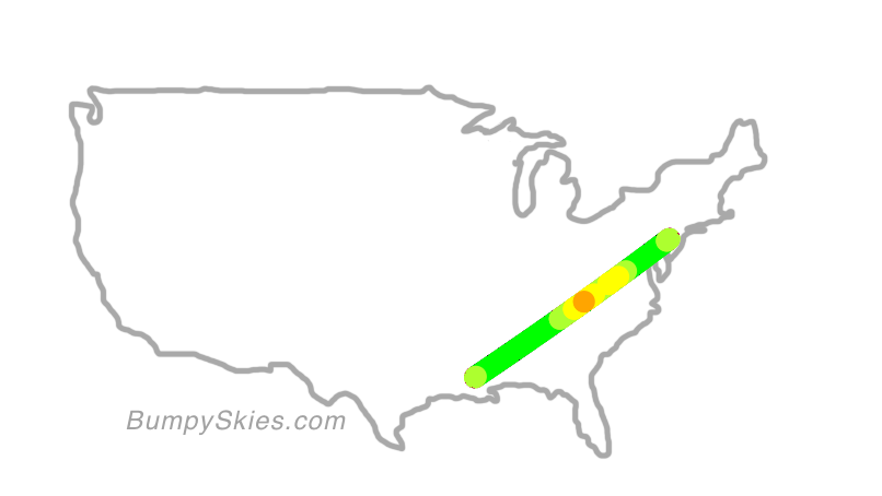 Map of continental US with illustrated flight path and turbulence forecast (described in text below)
