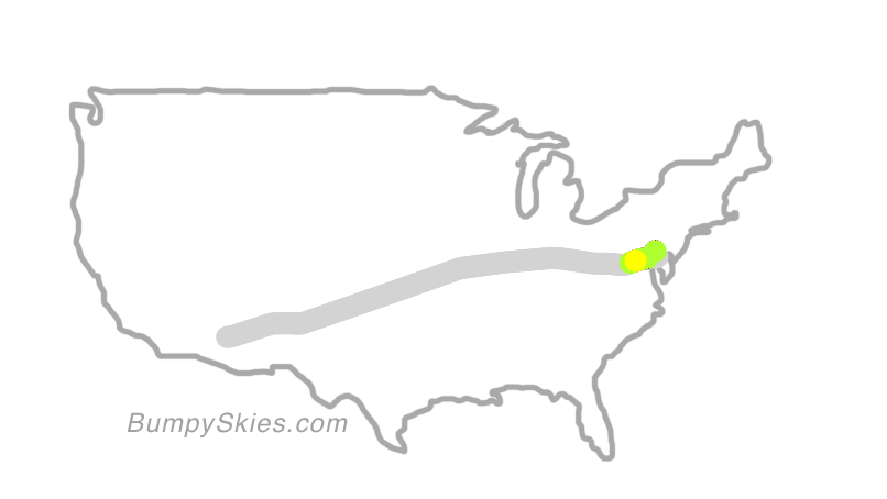 Map of continental US with illustrated flight path and turbulence forecast (described in text below)