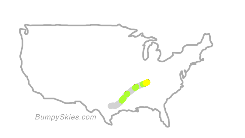 Map of continental US with illustrated flight path and turbulence forecast (described in text below)