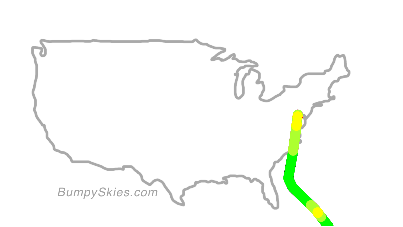 Map of continental US with illustrated flight path and turbulence forecast (described in text below)
