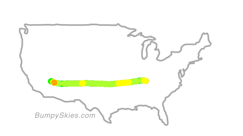 Map of continental US with illustrated flight path and turbulence forecast (described in text below)