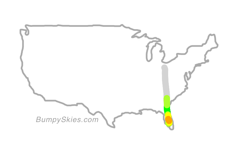 Map of continental US with illustrated flight path and turbulence forecast (described in text below)