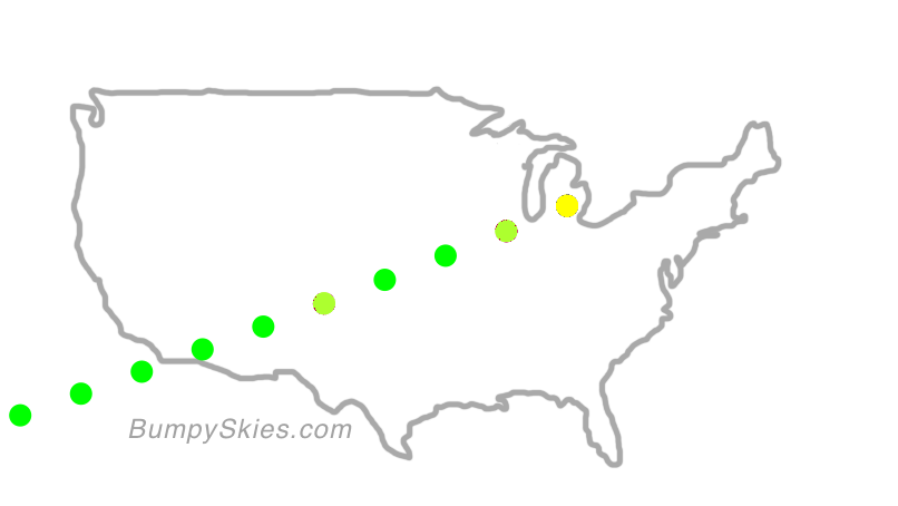 Map of continental US with illustrated flight path and turbulence forecast (described in text below)