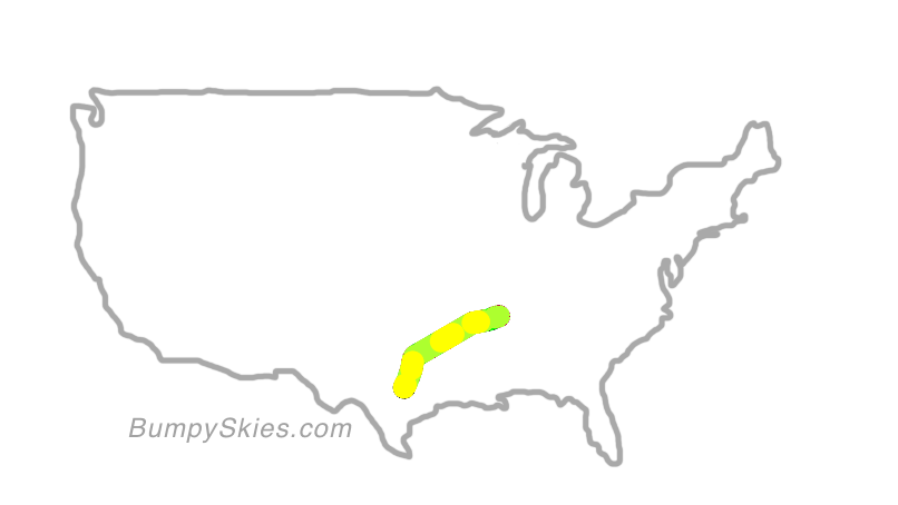 Map of continental US with illustrated flight path and turbulence forecast (described in text below)