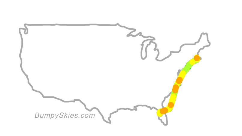 Map of continental US with illustrated flight path and turbulence forecast (described in text below)