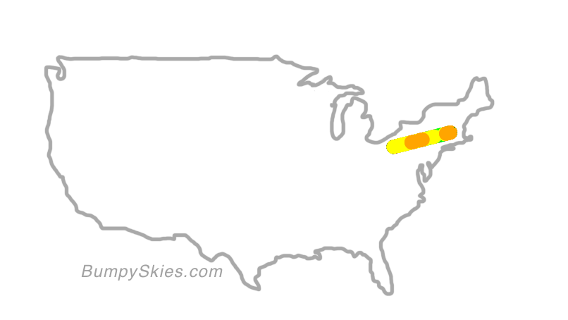 Map of continental US with illustrated flight path and turbulence forecast (described in text below)