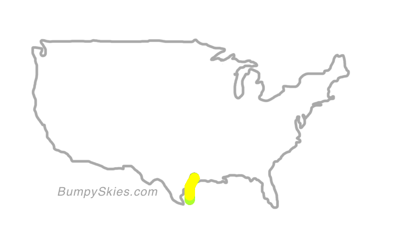 Map of continental US with illustrated flight path and turbulence forecast (described in text below)