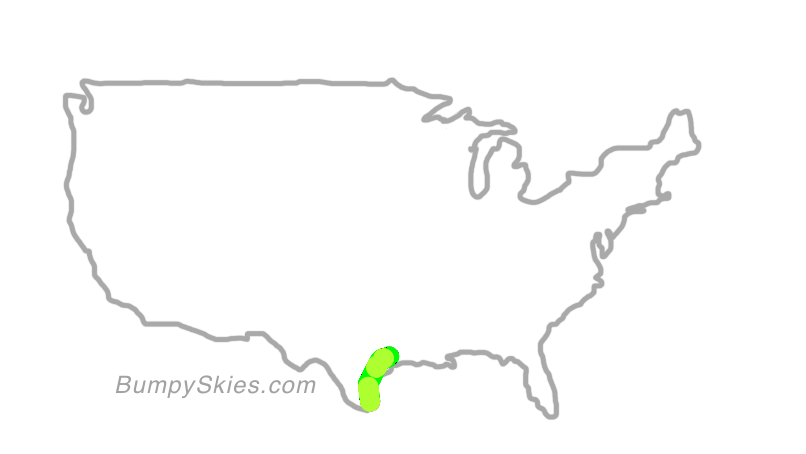 Map of continental US with illustrated flight path and turbulence forecast (described in text below)