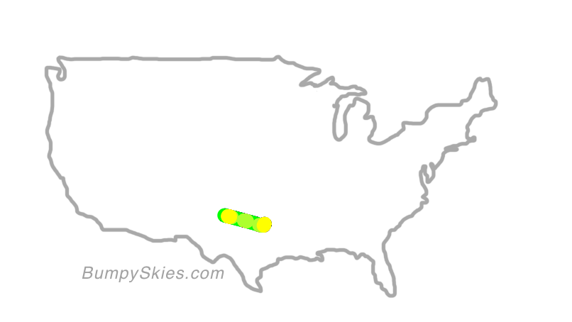 Map of continental US with illustrated flight path and turbulence forecast (described in text below)
