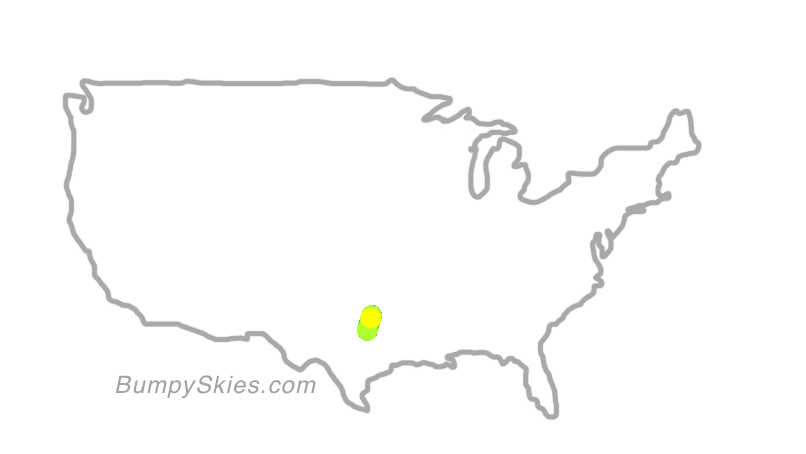 Map of continental US with illustrated flight path and turbulence forecast (described in text below)