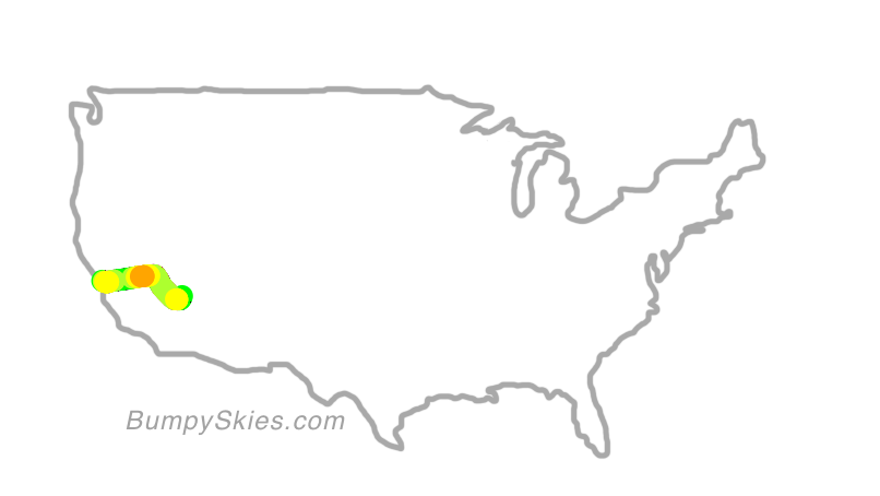 Map of continental US with illustrated flight path and turbulence forecast (described in text below)