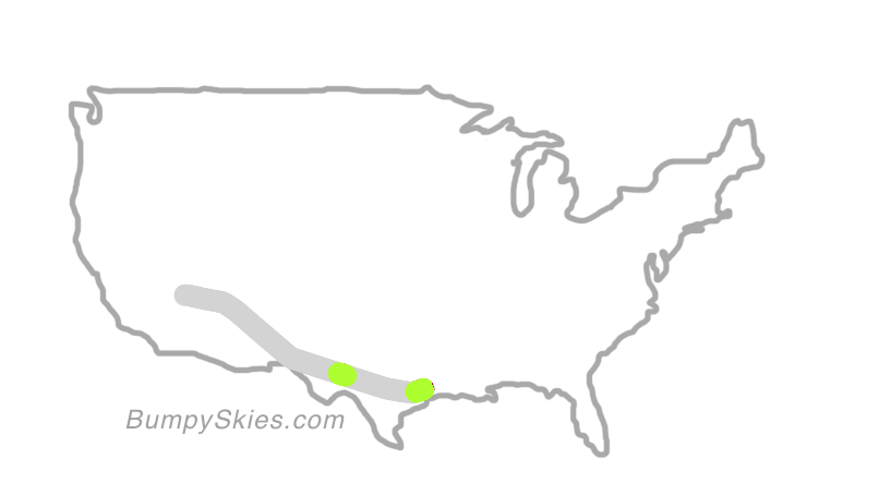 Map of continental US with illustrated flight path and turbulence forecast (described in text below)