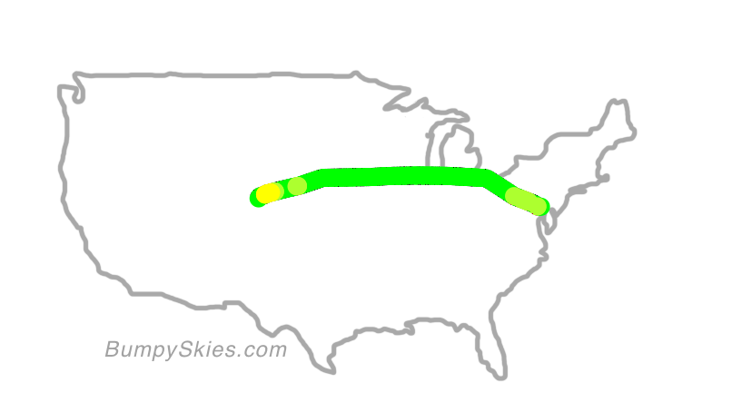 Map of continental US with illustrated flight path and turbulence forecast (described in text below)