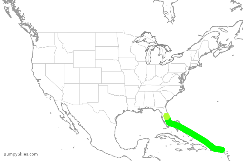Turbulence forecast map for SWA8800, SXM to MCO
