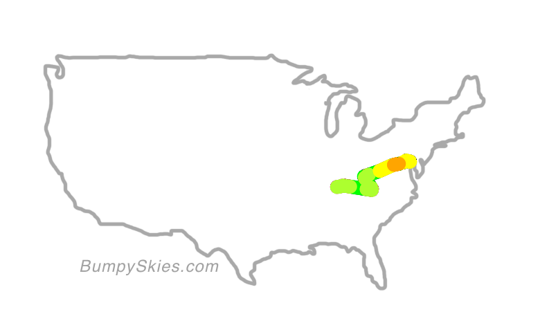 Map of continental US with illustrated flight path and turbulence forecast (described in text below)
