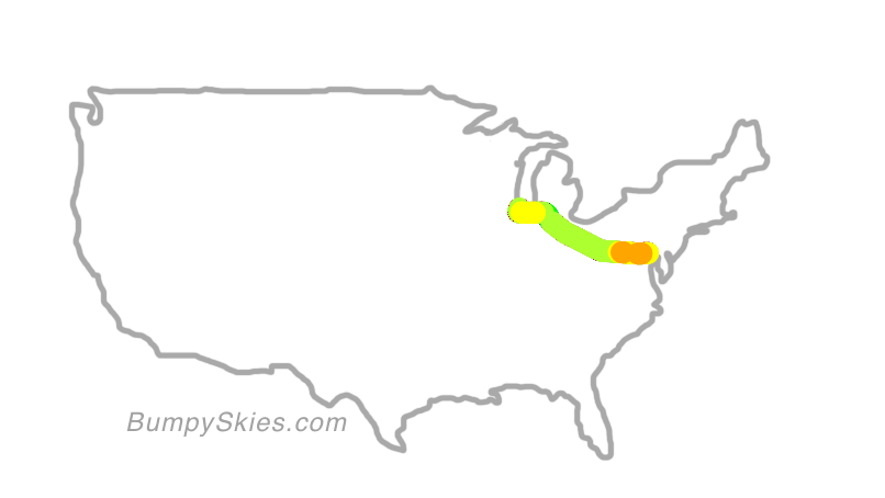 Map of continental US with illustrated flight path and turbulence forecast (described in text below)