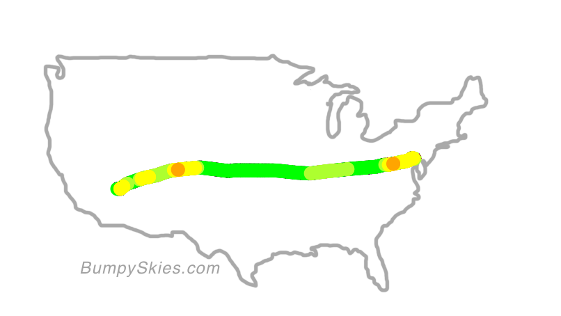 Map of continental US with illustrated flight path and turbulence forecast (described in text below)