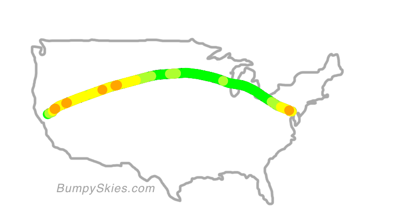 Map of continental US with illustrated flight path and turbulence forecast (described in text below)