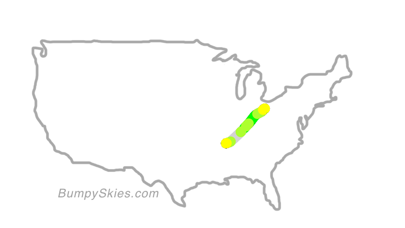Map of continental US with illustrated flight path and turbulence forecast (described in text below)