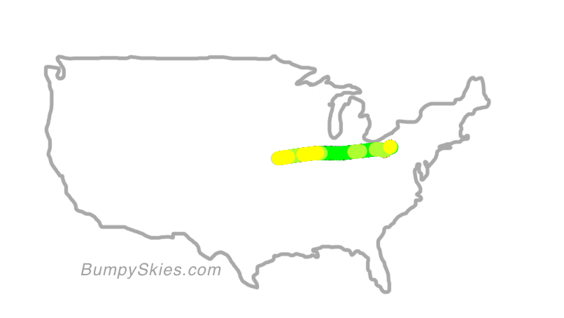 Map of continental US with illustrated flight path and turbulence forecast (described in text below)