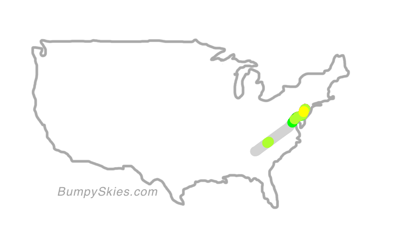Map of continental US with illustrated flight path and turbulence forecast (described in text below)