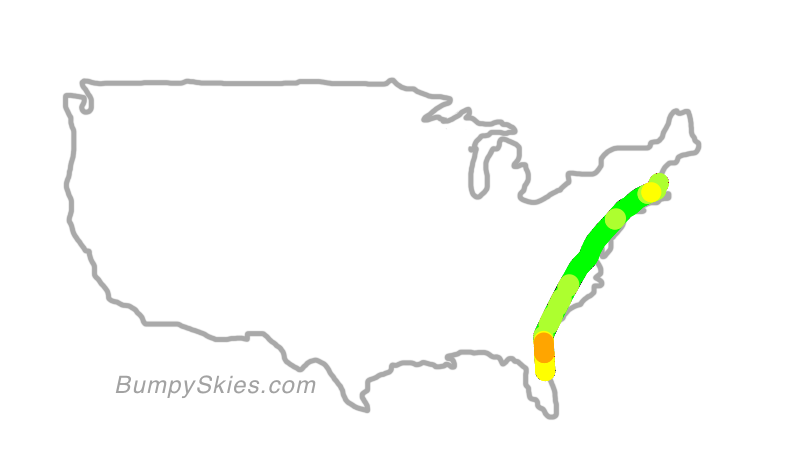 Map of continental US with illustrated flight path and turbulence forecast (described in text below)